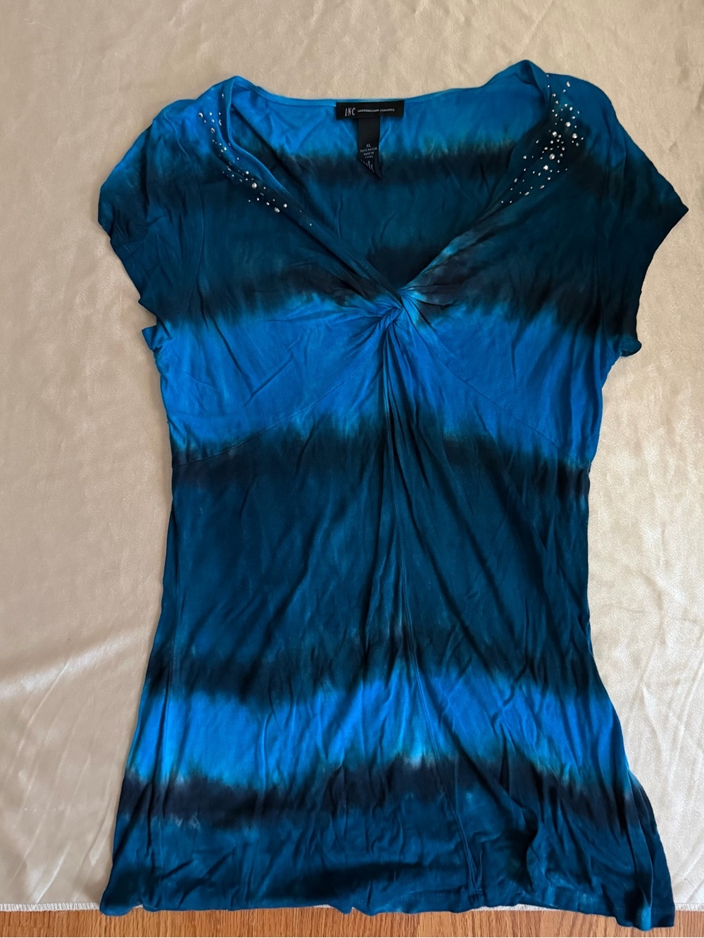 INC International Concepts Blue Tie-Dye Rhinestone Twist-Front V-Neck Top XL